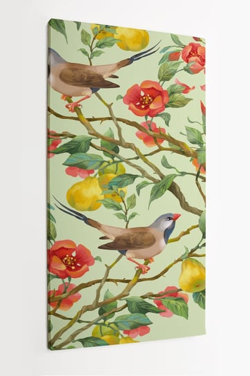 Obraz na płótnie HOMEPRINT, gałąź Japońskiej pigwy z kwiatami, owocami i ptakami,  długoogoniasta zięba trawiasta. 50x100 cm HOMEPRINT