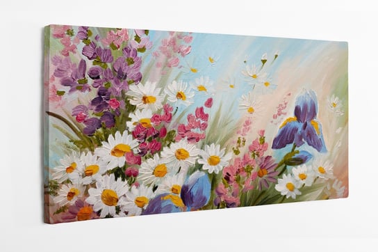 Obraz na płótnie HOMEPRINT, ilustracja kwiatów, stokrotki, łąka, farby olejne, kwiecista łąka 140x70 cm HOMEPRINT