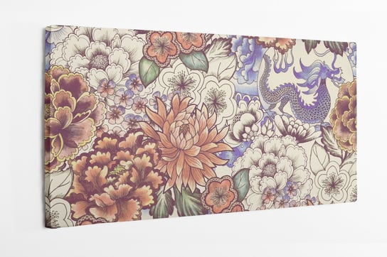 Obraz na płótnie HOMEPRINT,  japoński wzór kwiatów, piwonie, chryzantemy, smok 100x50 cm HOMEPRINT
