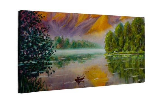 Obraz na płótnie HOMEPRINT, Jesienny krajobraz rybaka na łódce, abstrakcja, murarstwo olejne 100x50 cm HOMEPRINT