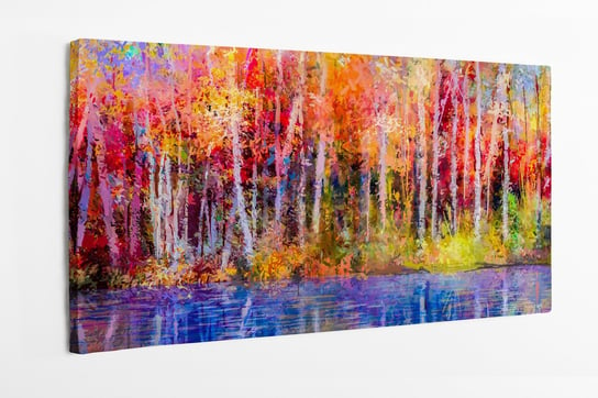 Obraz na płótnie HOMEPRINT, kolorowe jesienne drzewa, imitacja farb olejnych, drzewa przy wodzie 120x50 cm HOMEPRINT
