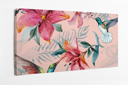 Obraz na płótnie HOMEPRINT, kolorowe kwiaty i kolibry, wzór akwarele 140x70 cm HOMEPRINT