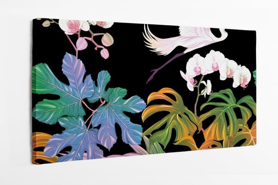 Obraz na płótnie HOMEPRINT, kolorowe liście kwiatów tropikalnych z latającym różowym ptakiem na czarnym tle 140x70 cm HOMEPRINT