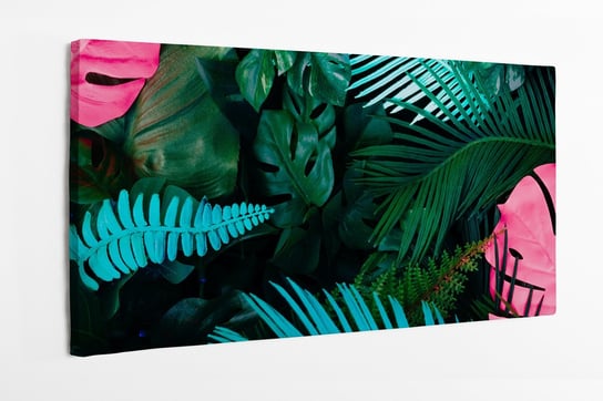 Obraz na płótnie HOMEPRINT, kolorowe liście monstera, natura, mroczne liście, głębia tropikalna a czarnym tle 120x60 cm HOMEPRINT