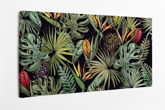 Obraz na płótnie HOMEPRINT, kolorowe liście tropikalne oraz kwiaty na czarnym tle, liście monstera, palmy 120x50 cm HOMEPRINT