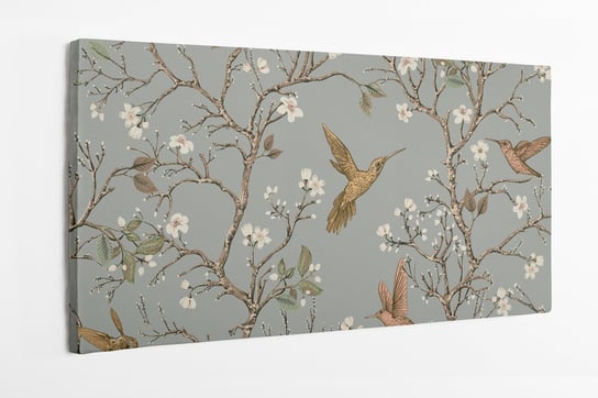 Obraz na płótnie HOMEPRINT, kolorowy wzór kwitnących kwiatów i latającego kolibra 100x50 cm HOMEPRINT