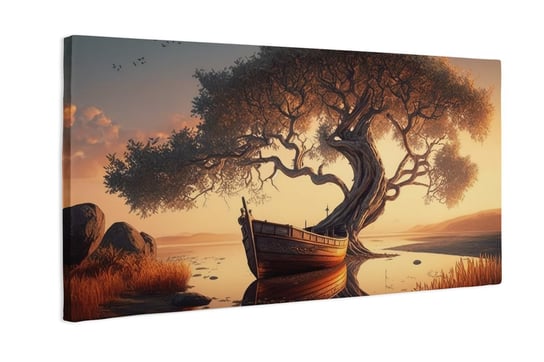 Obraz na płótnie HOMEPRINT, Krajobraz drzewa życia o zachodzie słońca, łódka, 100x50 cm HOMEPRINT