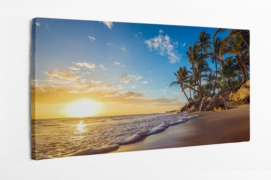 Obraz na płótnie HOMEPRINT, krajobraz rajskiej plaży, tropikalna wyspa, wschód słońca, palmy 140x70 cm HOMEPRINT