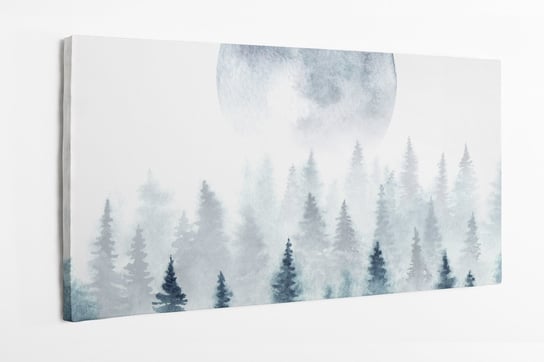 Obraz na płótnie HOMEPRINT, krajobraz zimowego lasu i wschodzącego księżyca, drzewa znikają we mgle. 120x50 cm HOMEPRINT