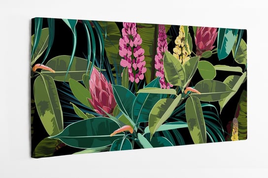 Obraz na płótnie HOMEPRINT, kwiat fikusa oraz łubin wśród tropikalnych liści na czarnym tle 100x50 cm HOMEPRINT