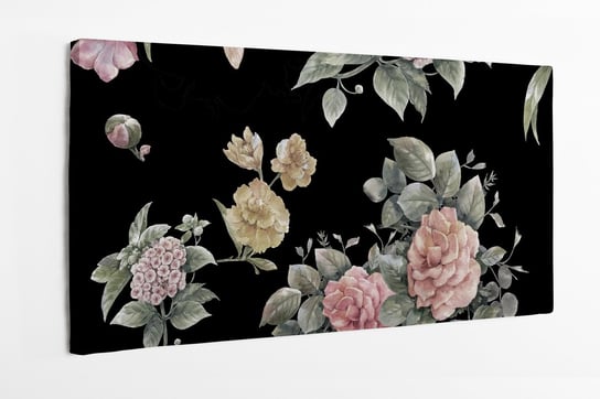 Obraz na płótnie HOMEPRINT, kwiaty i liście, ciemne tło, vintage, botanika 120x50 cm HOMEPRINT