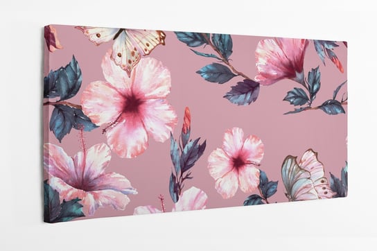 Obraz na płótnie HOMEPRINT, kwiaty, motyle, różowe, płatki, ręcznie malowane, kwiaty hibiskusa 120x60 cm HOMEPRINT