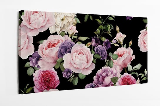 Obraz na płótnie HOMEPRINT, kwiaty, różowe, wzór, czarne tło, akwarele 100x50 cm HOMEPRINT