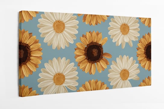 Obraz na płótnie HOMEPRINT, kwiaty stokrotki i słonecznika na niebieskim tle 120x50 cm HOMEPRINT