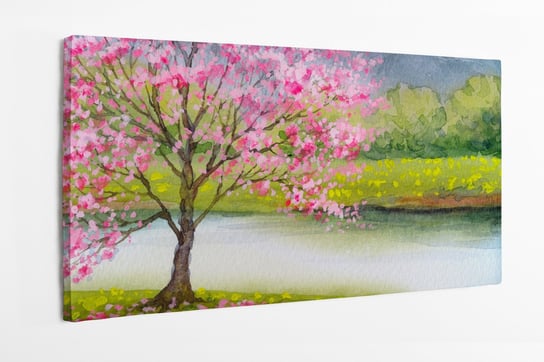 Obraz na płótnie HOMEPRINT, kwitnące drzewo nad jeziorem, różowe kwiaty, akwarele, kwitnące drzewo 120x60 cm HOMEPRINT