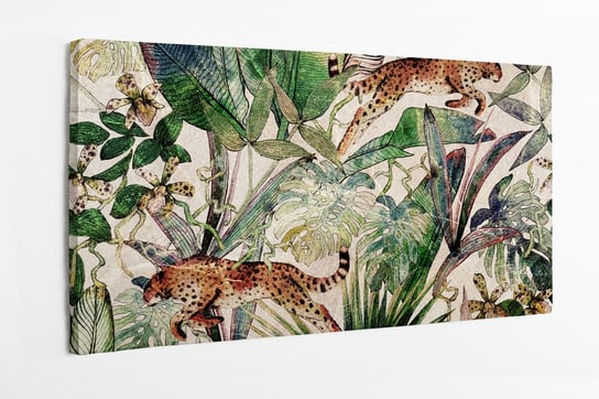 Obraz na płótnie HOMEPRINT, Lampart w dżungli, panterka, monster, kwiaty w panterkę 140x70 cm HOMEPRINT