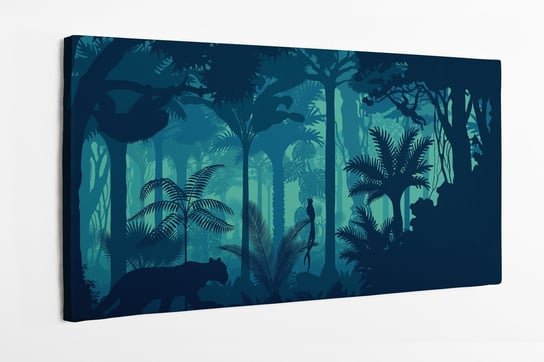Obraz na płótnie HOMEPRINT, las deszczowy, las tropikalny, dzikie zwierzęta, dżungla, ilustracja, niebieskie 100x50 cm HOMEPRINT