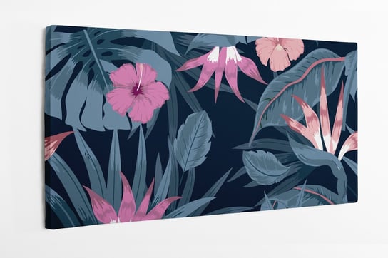 Obraz na płótnie HOMEPRINT, las tropikalny z kolorowymi kwiatami na czarnym tle 120x60 cm HOMEPRINT