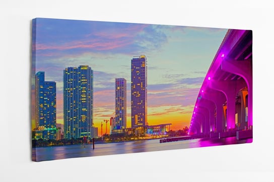 Obraz na płótnie HOMEPRINT, Miami Florida, zachód słońca, kolorowa panorama, podświetlone budynki, most Macarthur 120x50 cm HOMEPRINT