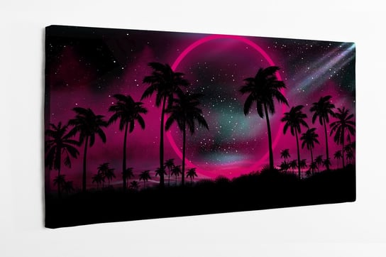 Obraz na płótnie HOMEPRINT, nocny krajobraz z palmami, na tle neonowego zachodu słońca, gwiazdy 100x50 cm HOMEPRINT