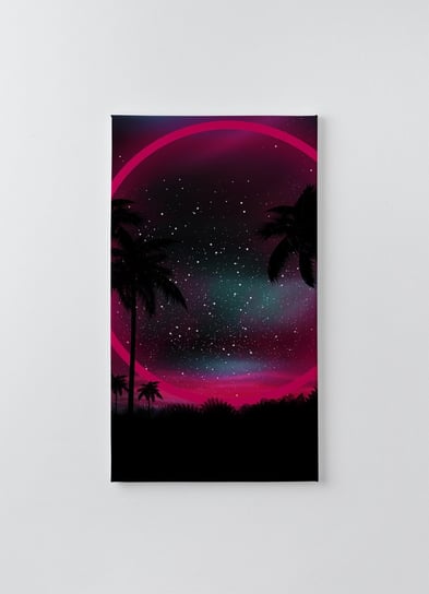 Obraz na płótnie HOMEPRINT, nocny krajobraz z palmami, na tle neonowego zachodu słońca, gwiazdy 50x100 cm HOMEPRINT