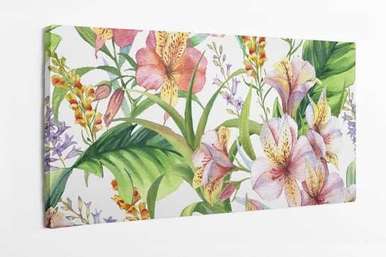Obraz na płótnie HOMEPRINT,Obraz na płótnie HOMEPRINT, akwarele, kwiaty krasnolica i zielone liście na białymtle 140x70 cm HOMEPRINT