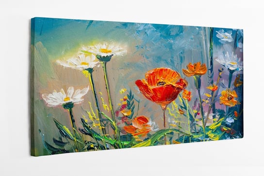 Obraz na płótnie HOMEPRINT, obraz olejny imitacja, farby olejne, stokrotki, maki, łąka 120x50 cm HOMEPRINT