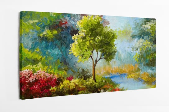 Obraz na płótnie HOMEPRINT, obraz olejny, kwiaty, drzewa, zachód słońca 100x50 cm HOMEPRINT