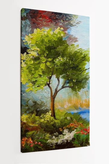 Obraz na płótnie HOMEPRINT, obraz olejny, kwiaty, drzewa, zachód słońca 50x100 cm HOMEPRINT