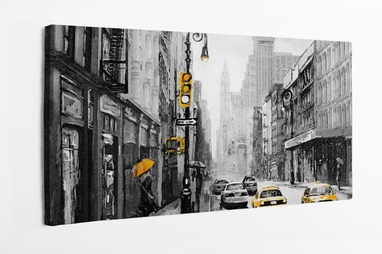 Obraz na płótnie HOMEPRINT, obraz olejny, widok ulicy w Nowym Jorku, mężczyzna i kobieta, żółta taksówka, czarno-biały, żółty 100x50 cm HOMEPRINT