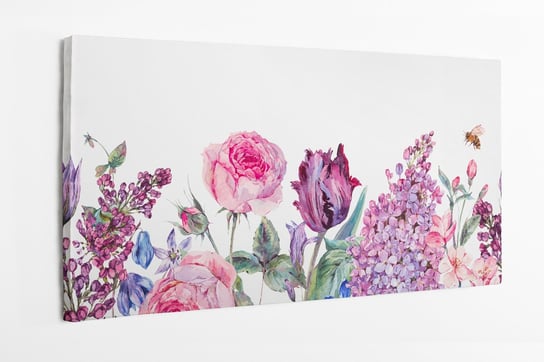 Obraz na płótnie HOMEPRINT, ogródek różowych kwiatów, wiosenne kwiaty, akwarele, delikatny wiosenny motyw 100x50 cm HOMEPRINT