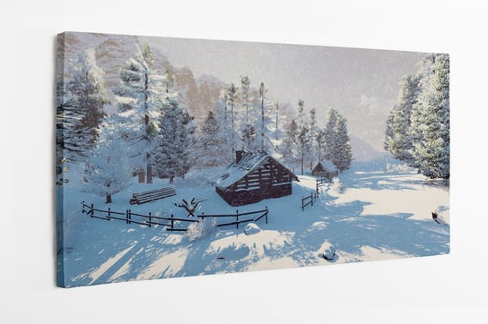 Obraz na płótnie HOMEPRINT, ośnieżona chatka wśród świerkowego lasu wysoko w górach, zimowy dzień 100x50 cm HOMEPRINT