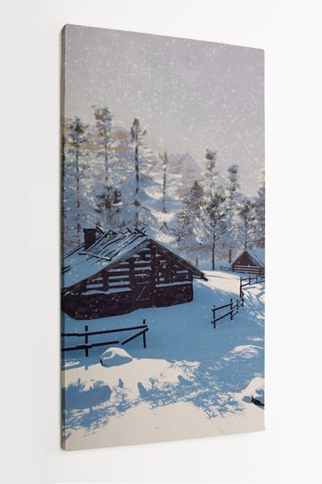 Obraz na płótnie HOMEPRINT, ośnieżona chatka wśród świerkowego lasu wysoko w górach, zimowy dzień 50x100 cm HOMEPRINT