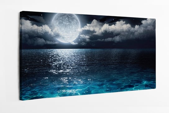 Obraz na płótnie HOMEPRINT, panorama, pełnia księżyca, morze nocą, chmury, nocne niebo, gwiazdy 100x50 cm HOMEPRINT