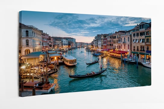 Obraz na płótnie HOMEPRINT, Panorama Wenecji nocą, gondole, kanał wodny, zachód słońca, architektura widokowa 125x50 cm HOMEPRINT