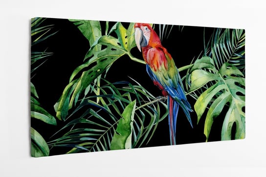 Obraz na płótnie HOMEPRINT, papuga, dżungle, ara zielonoskrzydła, monstera, liście, roślinny 100x50 cm HOMEPRINT