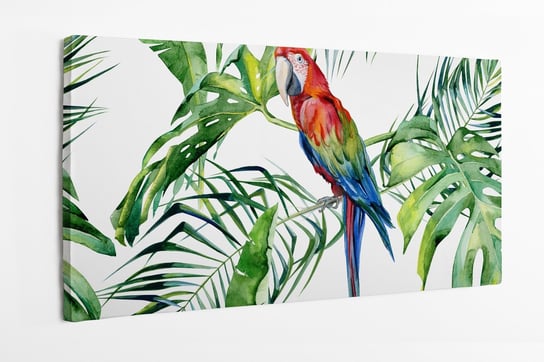 Obraz na płótnie HOMEPRINT, papuga, dżungle, ara zielonoskrzydła, monstera, liście, roślinny, jasne tło 100x50 cm HOMEPRINT
