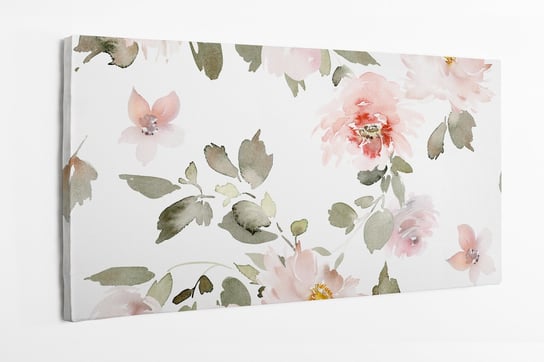 Obraz na płótnie HOMEPRINT, pastelowe kwiaty na białym tle, różowe kwiaty, zielone liście 125x50 cm HOMEPRINT