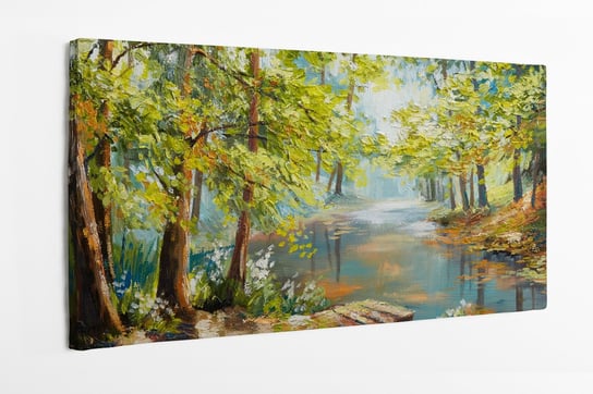 Obraz na płótnie HOMEPRINT,  pejzaż olejny - jesienny las nad rzeką, liście pomarańczy 120x50 cm HOMEPRINT