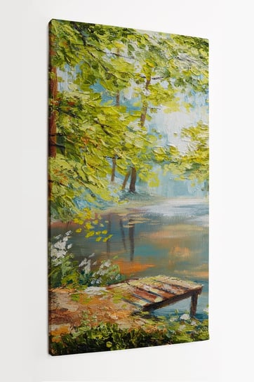 Obraz na płótnie HOMEPRINT,  pejzaż olejny - jesienny las nad rzeką, liście pomarańczy 50x100 cm HOMEPRINT