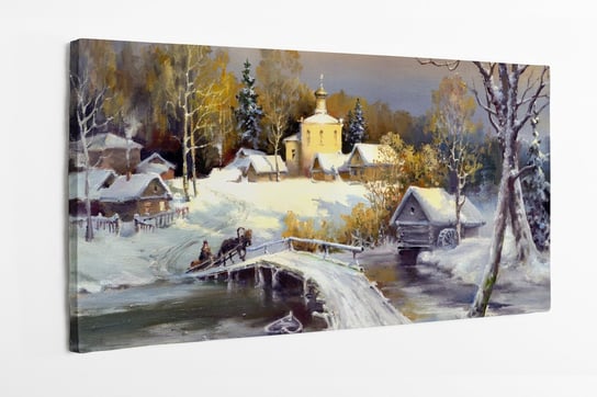 Obraz na płótnie HOMEPRINT, pejzaż, wieś, imitacja olej na płótnie, farby olejne, zima 120x60 cm HOMEPRINT