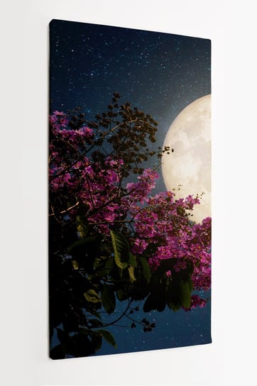 Obraz na płótnie HOMEPRINT, pełnia księżyca, noc, kwiaty, gwiazdy, ogród, superksiężyc, różowe kwiaty 60x120 cm HOMEPRINT