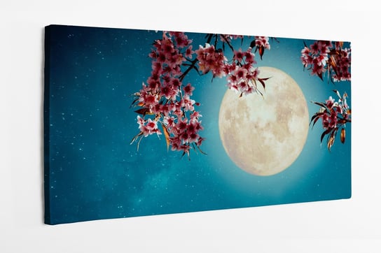 Obraz na płótnie HOMEPRINT, pełnia księżyca, noc, kwiaty, gwiazdy, ogród, superksiężyc, różowe kwiaty, niebieskie niebo 100x50 cm HOMEPRINT