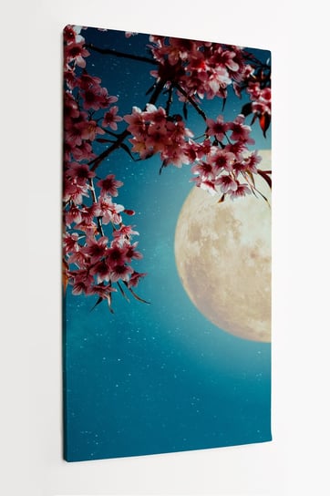 Obraz na płótnie HOMEPRINT, pełnia księżyca, noc, kwiaty, gwiazdy, ogród, superksiężyc, różowe kwiaty, niebieskie niebo 60x120 cm HOMEPRINT