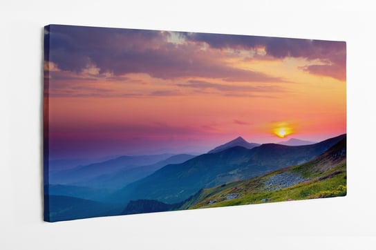 Obraz na płótnie HOMEPRINT, piękna łąka, góry, wschód słońca, pasmo górskie, kolorowe niebo 125x50 cm HOMEPRINT