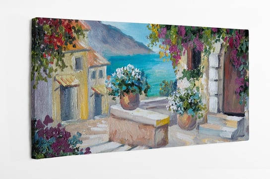 Obraz na płótnie HOMEPRINT, piękne domy nad morzem, farby olejne, widok na morze, uliczka, kwiaty 100x50 cm HOMEPRINT