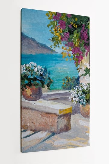 Obraz na płótnie HOMEPRINT, piękne domy nad morzem, farby olejne, widok na morze, uliczka, kwiaty 50x100 cm HOMEPRINT
