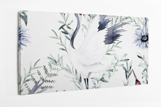 Obraz na płótnie HOMEPRINT, piękny akwarelowy żuraw a w tle kwitnących liści paproci 100x50 cm HOMEPRINT