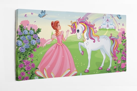 Obraz na płótnie HOMEPRINT, piękny dziecięcy motyw księżniczki i kolorowego jednorożca 120x60 cm HOMEPRINT