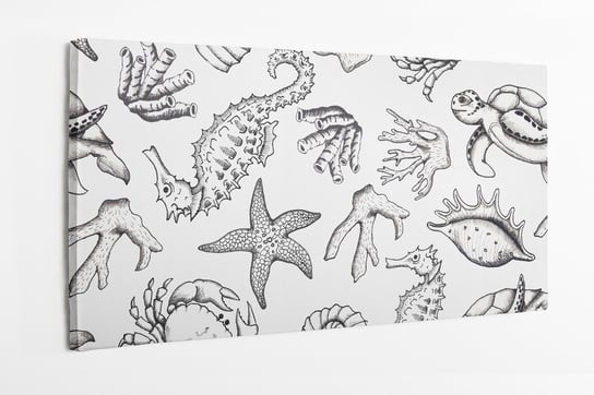 Obraz na płótnie HOMEPRINT, Ręcznie rysowany czarno - biały obraz zwierząt morskich 120x50 cm HOMEPRINT